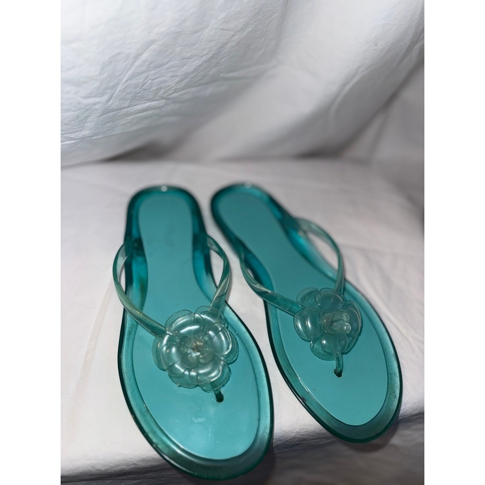 Unbranded Teal Jelly Flip Flops Floral Accent Thong Sandals Size M Y2K Style